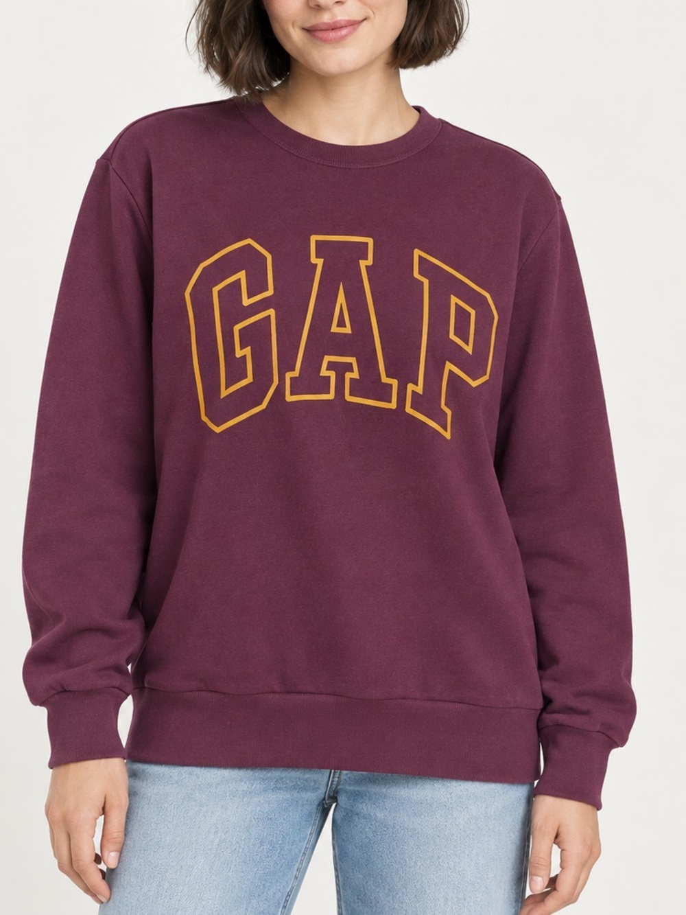 Burgundy GAP Logo Crewneck Sweatshirt XS Gold Outline Fleece Preppy Pullover Top